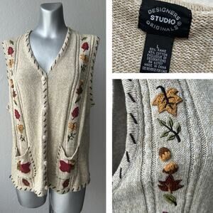 Vtg Sweater Vest Womens Large Button Knit Leaves Fall Floral Nature